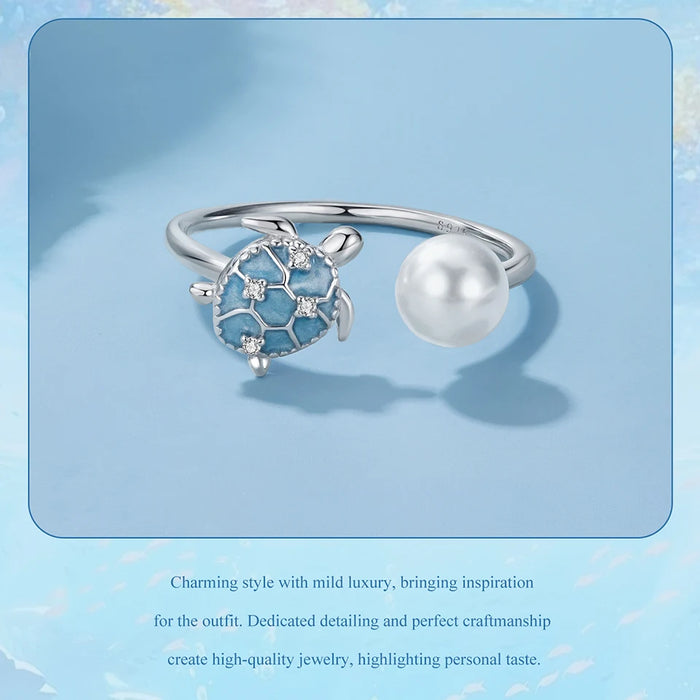 925 Sterling Silver Ocean Marine Life Sea Turtle And Pearl Theme Open Rings Collection On Sale