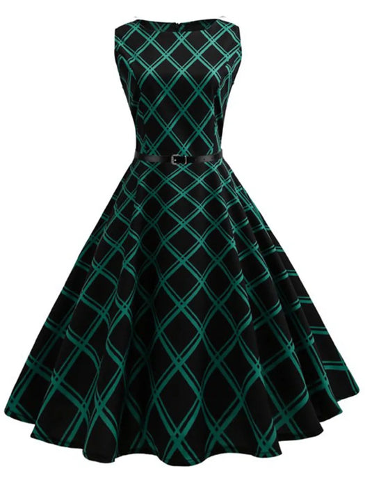 Green Diamond Pattern Printed Scoop Neck Vintage Style Summer Dress On Sale