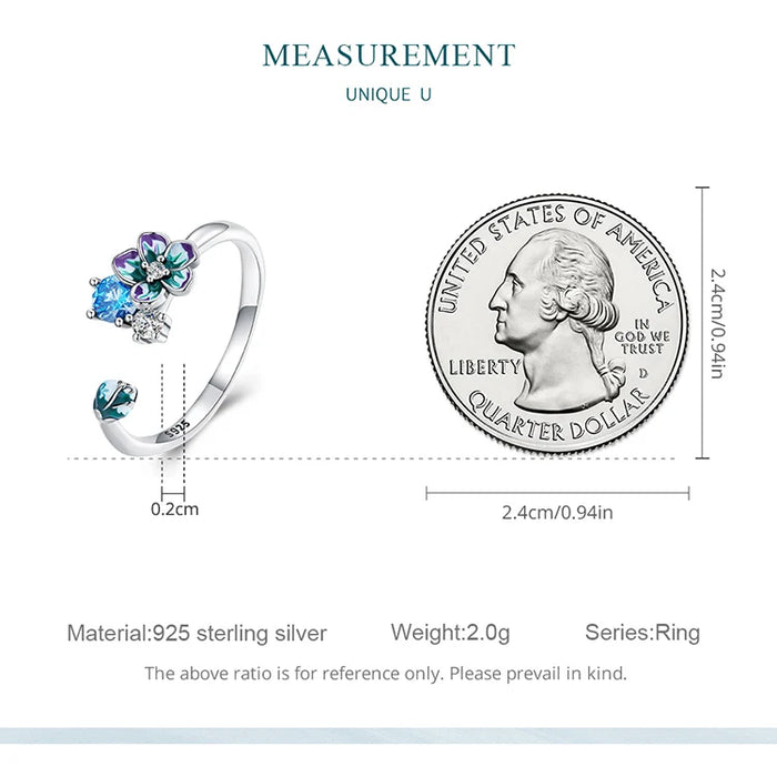 925 Sterling Silver Enamel Flower Adjustable Open Ring With Zircon On Sale