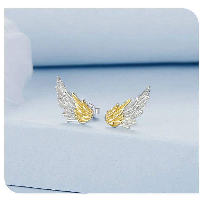 925 Sterling Silver 14K Gold Plated Two-tone Angel's Wings Stud Earrings On Sale