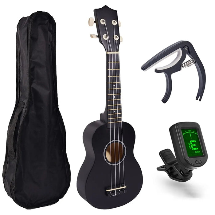 Black 21 Inch Soprano Ukulele with Gig Bag, Tuner And Capo Beginner Acoustic Ukulele Set On Sale