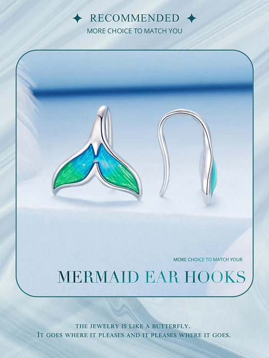 925 Sterling Silver Plated White Gold Enamel Whale Mermaid Tail Earrings On Sale