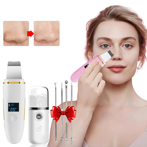 Rejuvenation Set - Ultrasonic EMS Ion Skin Scrubber, Acne Extractor Needle Set, Mini Nano Humidifier Spray On Sale