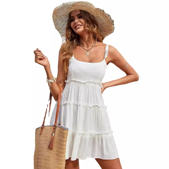 Women's Jacquard Dots Texture Drop-Waist Tie Shoulder Straps Square Neck White Lace Loose Mini Dresses On Sale