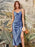 Blue Satin Draped Neckline Tie Shoulder Straps High Slit Figure-skimming Evening Midi Dresses On Sale