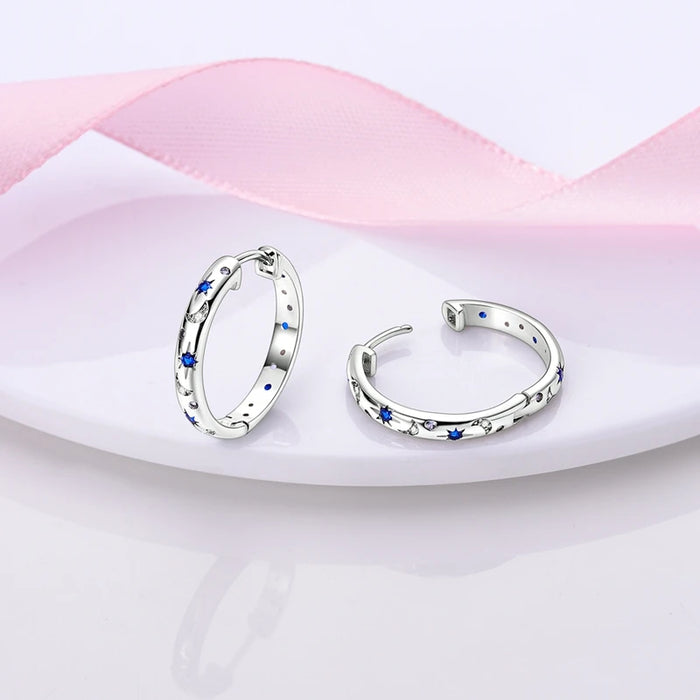 925 Sterling Silver Star Moon Round Huggie Hoop Earrings With Zircon Accents On Sale