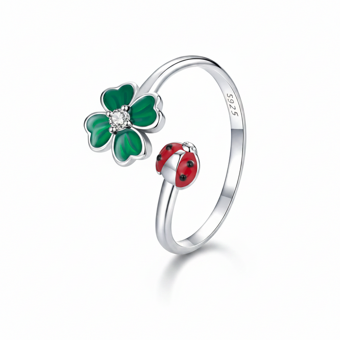 925 Sterling Silver Green Lucky Cloverleaf And Ladybug Ring On Sale