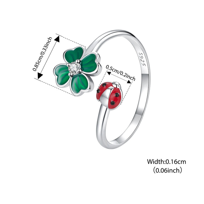 925 Sterling Silver Green Lucky Cloverleaf And Ladybug Ring On Sale