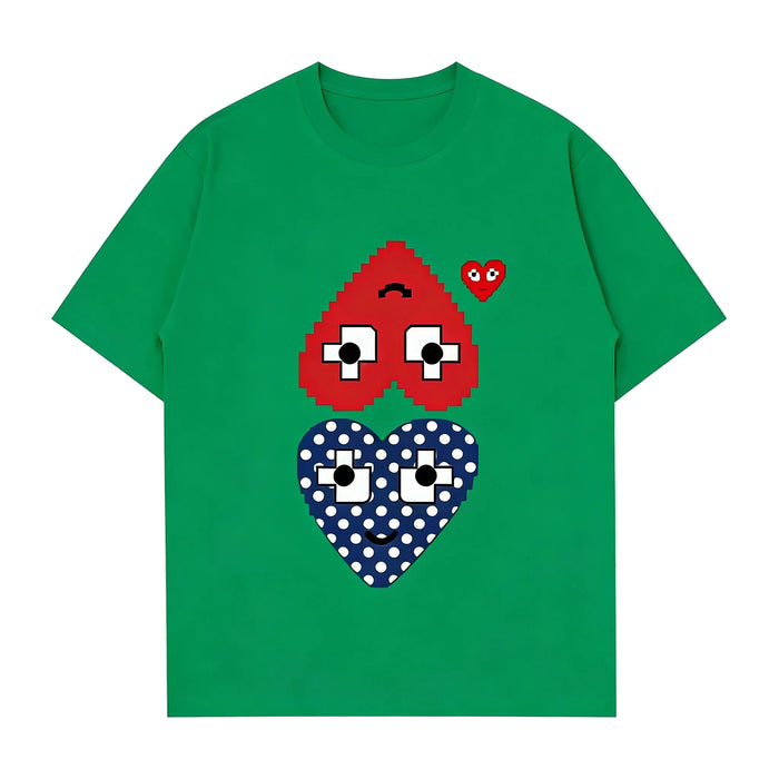 Green Unisex Heart Graphic 100% Cotton T-Shirt Casual Short Sleeve Crew Neck Tee For Everyday Wear On Sale