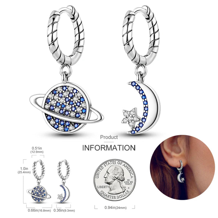 Elegant Celestial Moon and Saturn Inspired 925 Sterling Silver Hoop Earrings On Sale