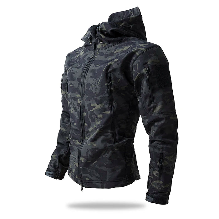 Men’s Waterproof Softshell Jacket with Fleece Lining – Hooded Outdoor Black Camouflage Coat On Sale