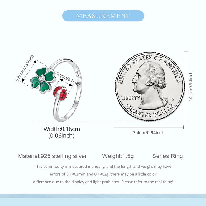 925 Sterling Silver Green Lucky Cloverleaf And Ladybug Ring On Sale