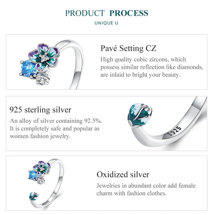 925 Sterling Silver Enamel Flower Adjustable Open Ring With Zircon On Sale