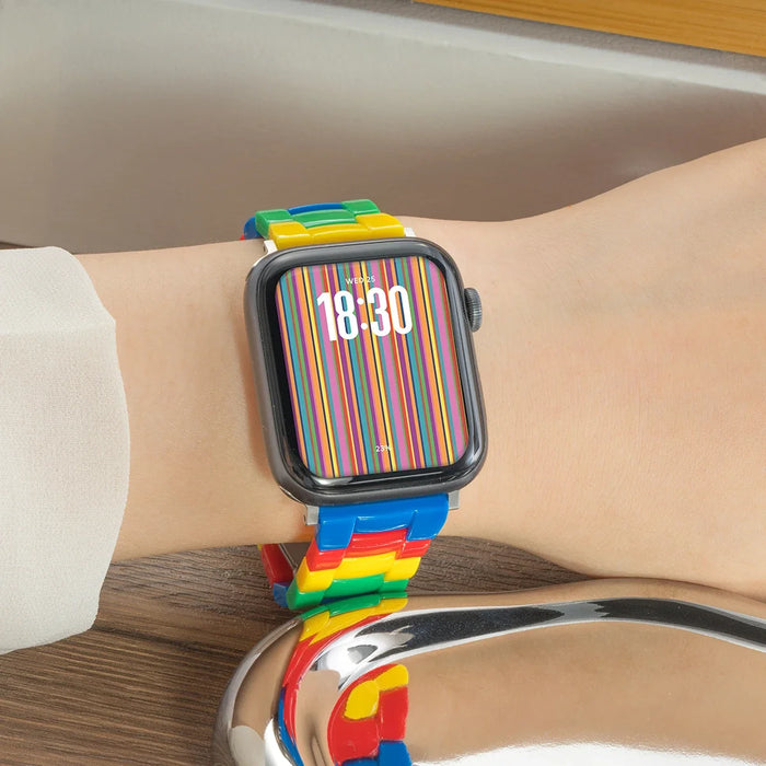 Colourful brick-style resin watch band with matching protective case compatible with Apple Watch 38mm–49mm on sale