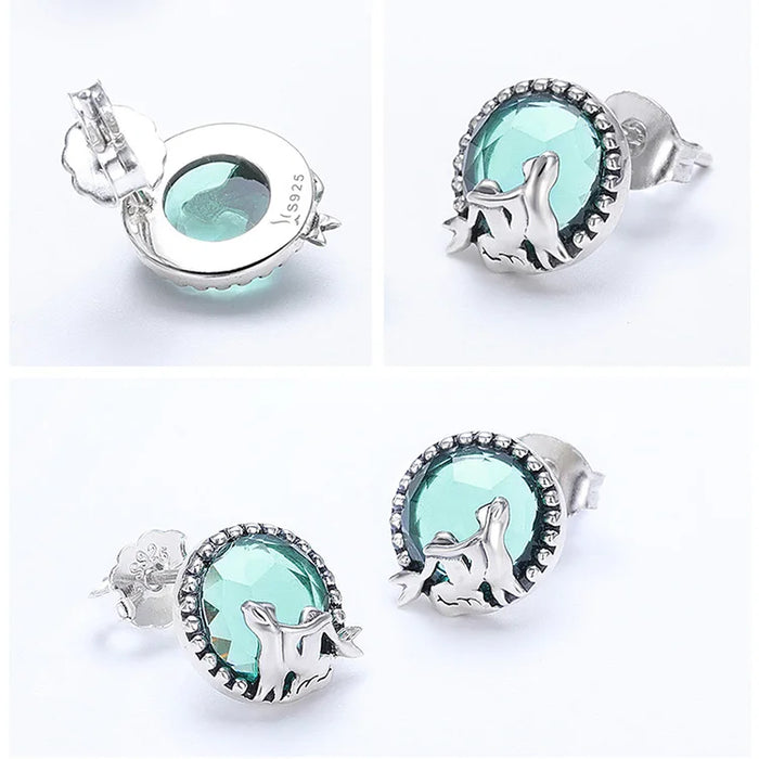 925 Sterling Silver Mermaid Light Green Glass Moon Stud Earrings On Sale