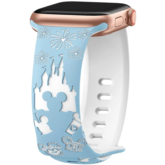 Blue White 3D Dream Disney Mickey Mouse Castle Theme Design Engraved Silicone Apple Watch Band On Sale