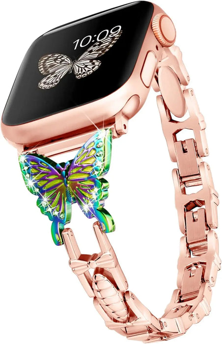Rose Gold Colorful Butterfly Women Apple Watch Diamond Adjustable Chain 38mm 40mm 42mm 44mm 45mm 49mm On Sale