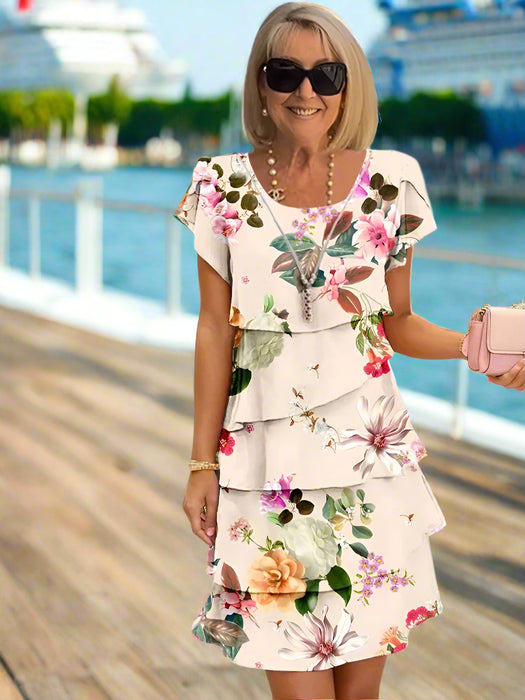 Women's Floral Print Crew Neck Short Sleeves Tiered Chiffon Dresses On Sale