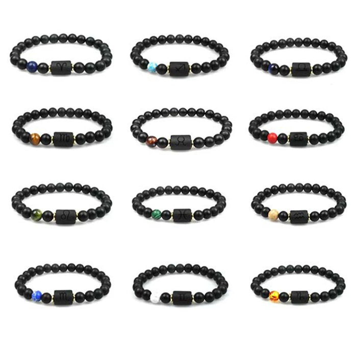 Black Obsidian Zodiac Constellation Charm Black Onyx Natural Stone Bead Bracelet For Women And Men On Sale
