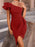 Elegant Red Asymmetric One Shoulder Cocktail Party Ruched Cinch Waist Dress On Sale