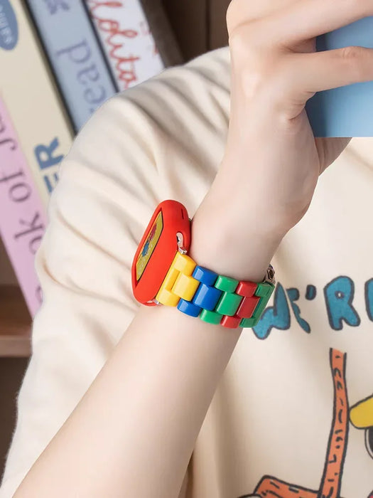 Colourful brick-style resin watch band with matching protective case compatible with Apple Watch 38mm–49mm on sale