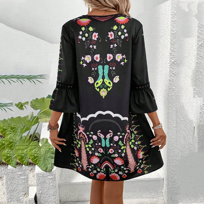 Black Bohemian Style Floral Printed Sleeve Lace Dress On Sale