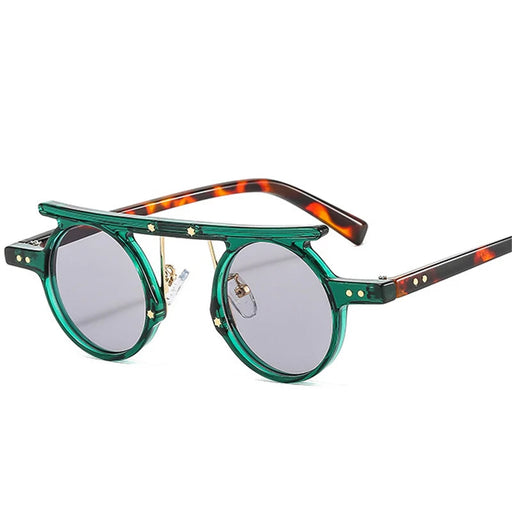 Green Light Gray Retro UV400 Round Steampunk Sunglasses On Sale