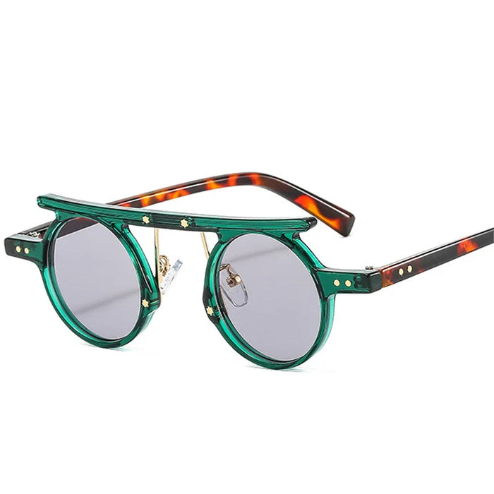 Green Light Gray Retro UV400 Round Steampunk Sunglasses On Sale