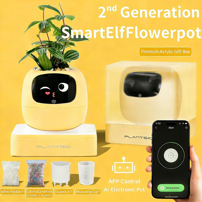 New Yellow Smart Indoor Plant Pot with Wi-Fi App Monitoring, LCD Expression Display & USB-C Rechargeable Planter On Sale