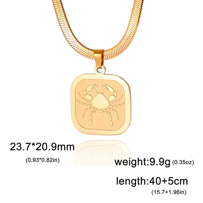12 Constellation Cancer Zodiac Square Medallion Pendant Snake Chain Necklaces On Sale