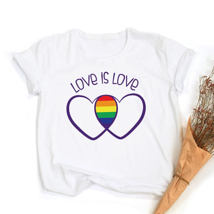 Rainbow Heart Love is Love Print Retro Graphic T-shirt On Sale