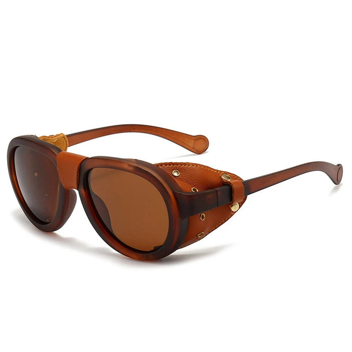 Brown Frame Chic Vintage Steampunk Goggle Style Oval Polarized Sunglasses On Sale