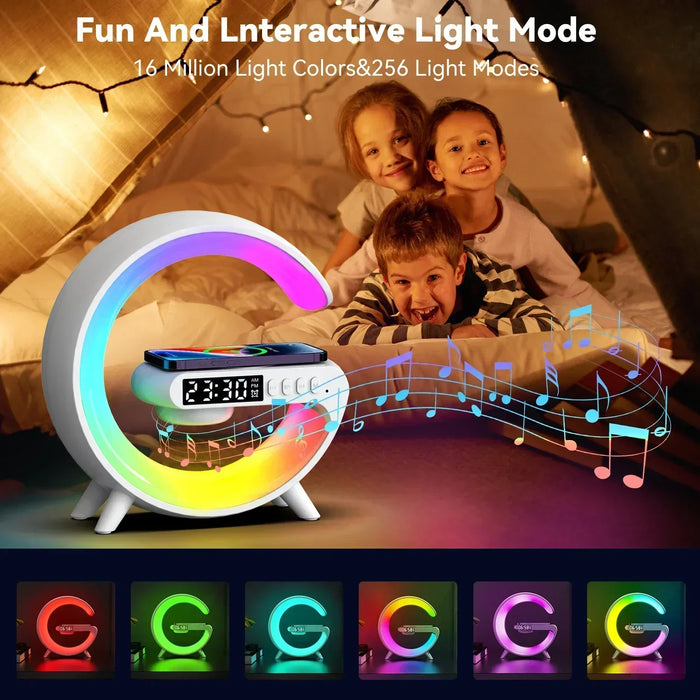 Smart Wireless Phone Charger with Bluetooth 5.0 Dual Speakers LED Alarm Clock and Atmosphere Night Light Lamp On Sale