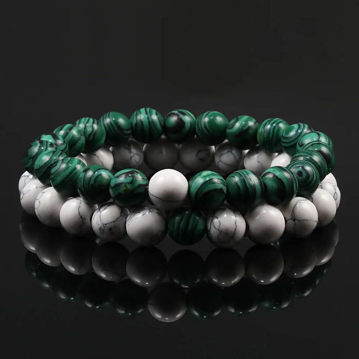 1 Set Natural Malachite And White Howlite Stone Couple Bracelets On Sale