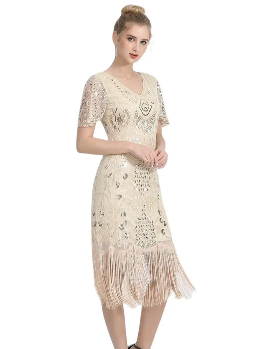 1920s Gatsby Style V-Neck Petal Sleeves Embroidery Sequin Fringe Flapper Midi Dress On Sale