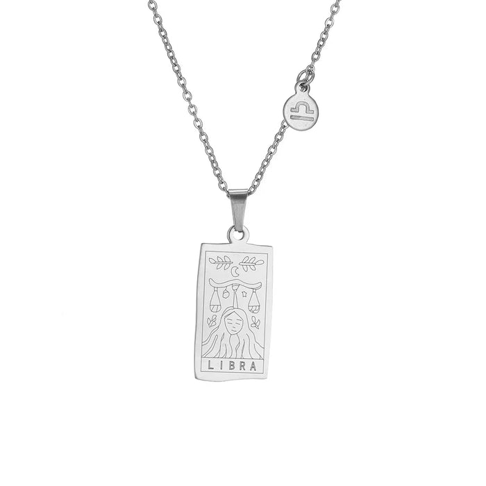 Silver Libra Zodiac Sign Stainless Steel Pendant Necklace – Tarot Card Style Constellation Necklace for Women On Sale