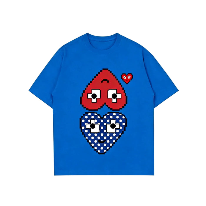 Blue Unisex Heart Graphic 100% Cotton T-Shirt Casual Short Sleeve Crew Neck Tee For Everyday Wear On Sale