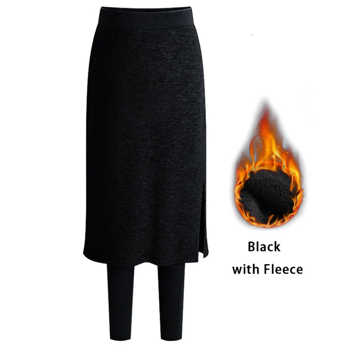 Black Soft Stretchy One Piece Fleece Midi Skirt Leggings For Winter On Sale