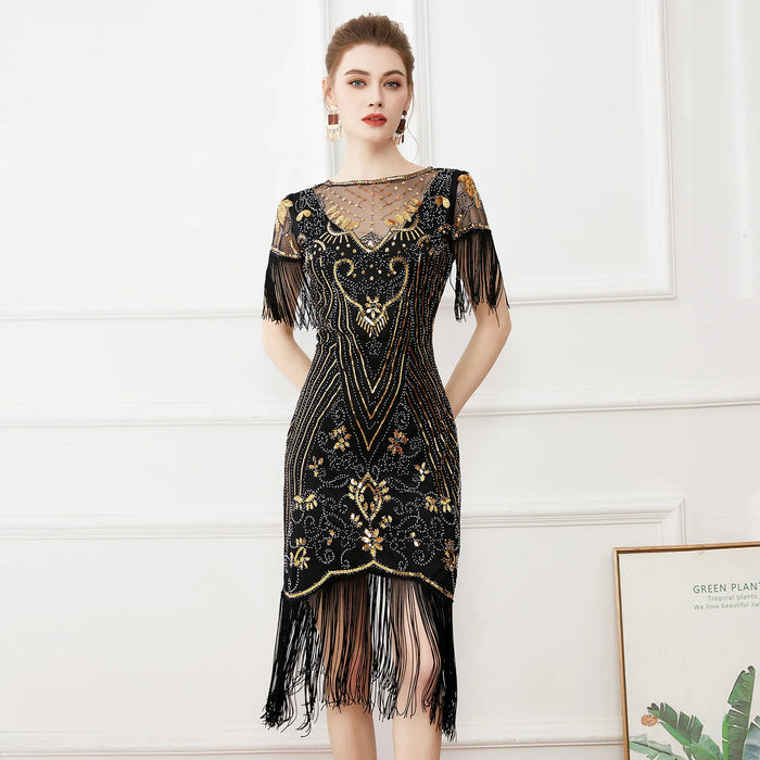 1920s Vintage Gatsby Style Green Semi-Sheer Lace Sleeve Sequin Fringed Flapper Cocktail Party Dresses On Sale