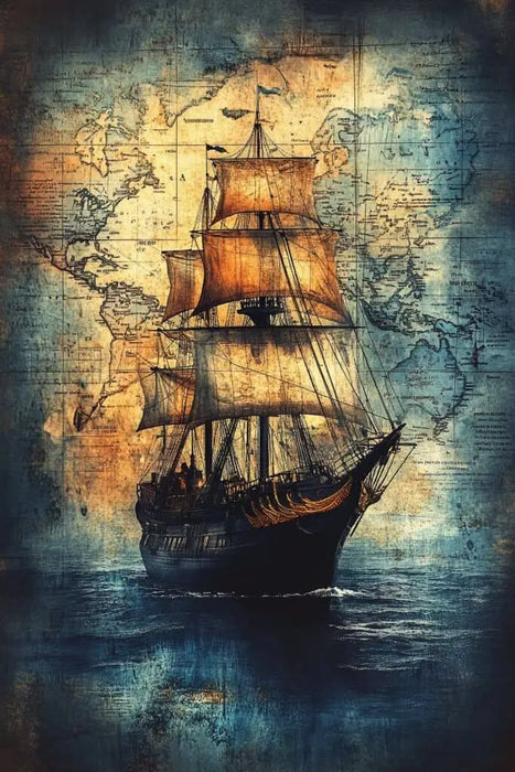 Vintage Marine Life Canvas Print Nautical Treasure Map Wall Decor Ocean Theme Poster On Sale