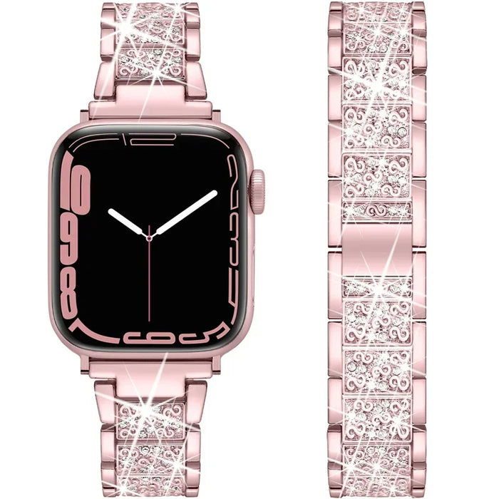 Rose Pink Stainless Steel Rhinestone Watch Band Adjustable Folding Clasp For Apple Watch Series On Sale