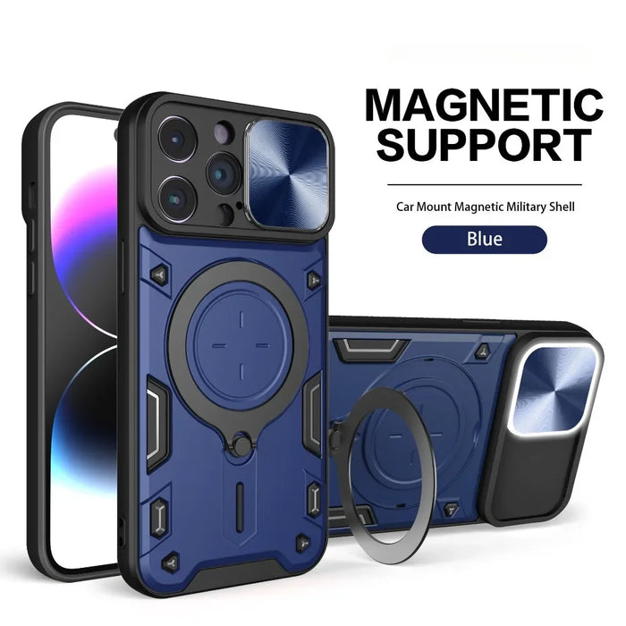 Blue iPhone Ring Stand Armor Case With Camera Protection Slide Cover On Sale