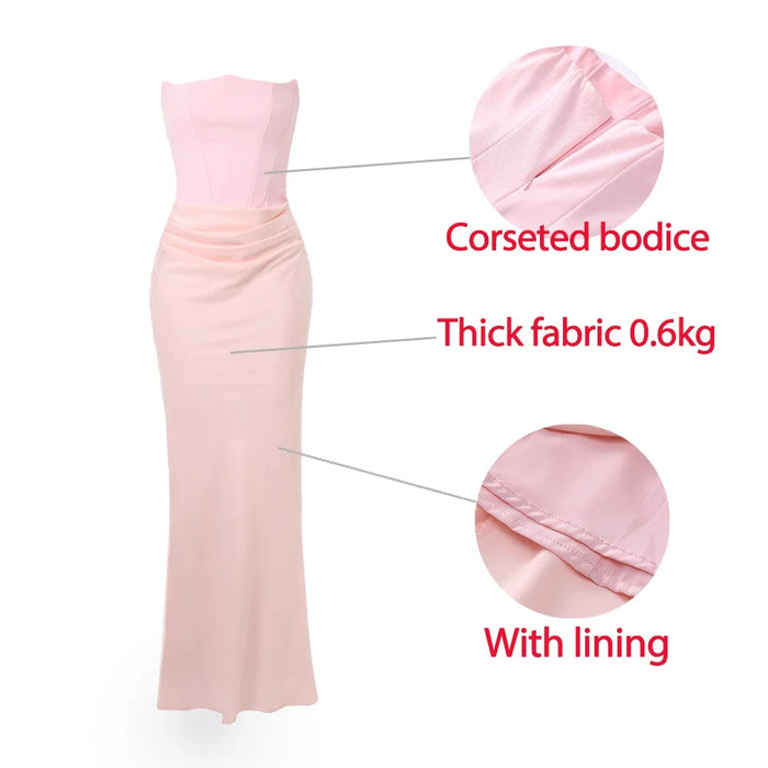 Elegant Strapless Corset Satin Maxi Pink Dress On Sale