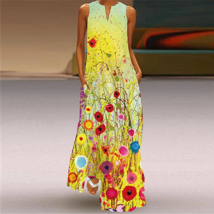 Floral V-neck Casual Boho Style Sleeveless Pocket Large Size Long Yellow Beach Dress On Sale