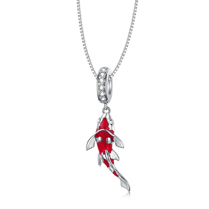 925 Sterling Silver Plated White Gold Lucky Red Koi Fish Charm Necklace On Sale