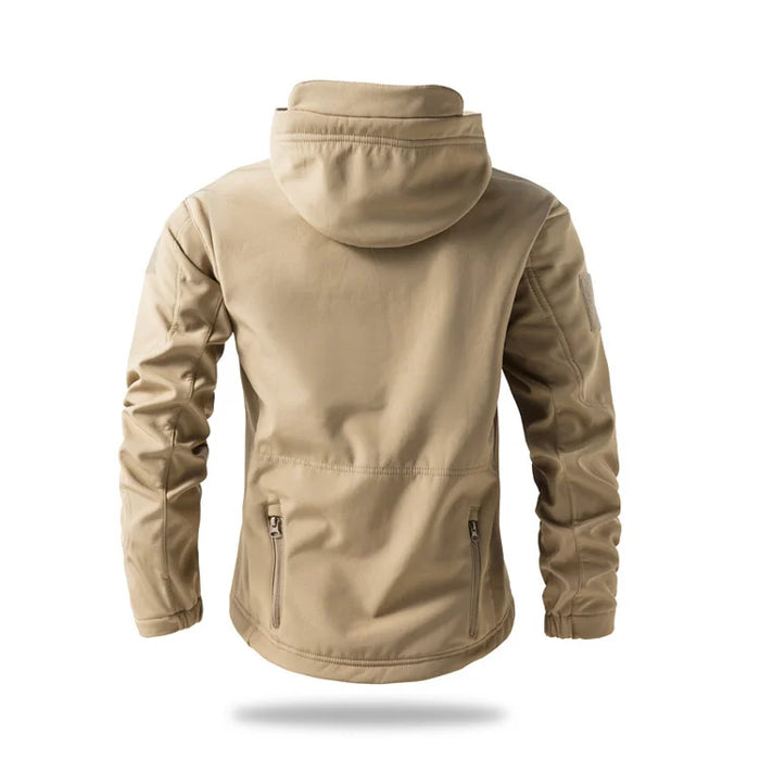 Khaki Men’s Waterproof Softshell Jacket with Fleece Lining – Hooded Outdoor Coat On Sale