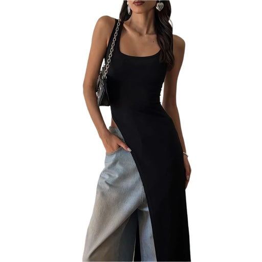Women's Fitted Maxi High Side Slit Scoop Neck Tank Black Long Dress On Sale