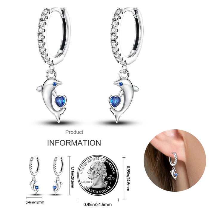 Elegant Sparkling Blue Heart Dolphin Ocean-Inspired 925 Sterling Silver Hoop Earrings On Sale