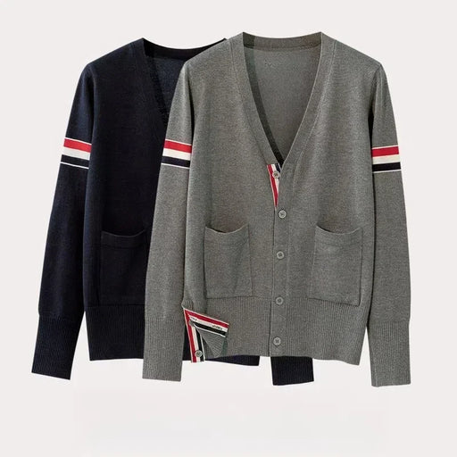 Unisex Striped Long Sleeve Collegiate Knitted Cardigan Sweater On Sale