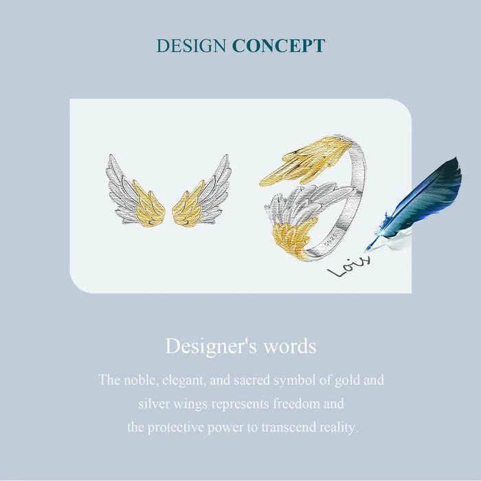 925 Sterling Silver 14K Gold Plated Two-tone Angel Wings Ring And Stud Earrings Jewelry Set Collection On Sale